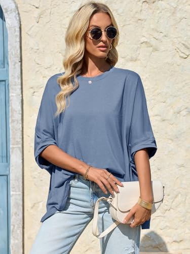Tankaneo Womens Oversized Tshirts Batwing Short Sleeve Asymmetric Hem Tops - color: Blue Grey, size: XX-Large