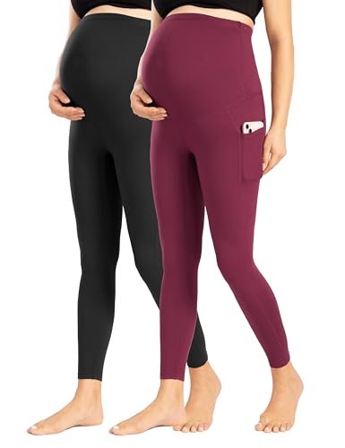 Enerful Maternity Leggings with Pockets Yoga Tights - color: Black+wine Red, size: Medium