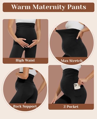 UBCUTE Women’s Maternity Fleece Lined Leggings with Pockets Warm Winter - color: Coffee, size: X-Large