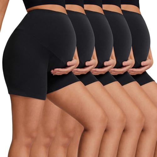 5 Pack Maternity Shorts 5" - Over The Belly Pregnancy Biker Shorts Soft Womens Yoga Workout Athletic Short - color: 5 Black, size: X-Large
