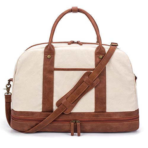Weekender Bag for Women Canvas Overnight Bag Large Travel Tote Bag Carry on Shoulder Duffle Bag With Shoe Compartment,Perfect for Travel/Daily Use/Birthday Gift … - color: Beige-1pcs