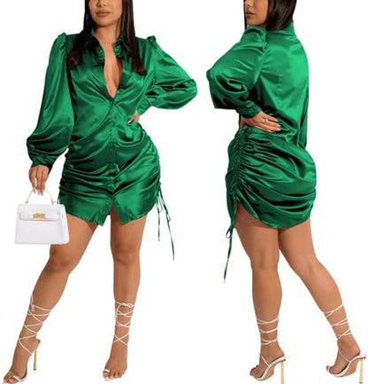 Women's Sexy Button Down Shirts Loose Collar Long Sleeve Ruched Silk Cloth Night Out Club Mini Wrap Dress Drawstring - color: Green, size: Small