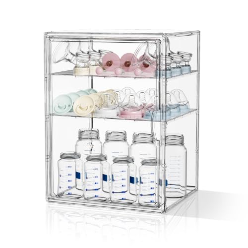 MSHOMEY Baby Bottle Storage Organizer for Countertop Cabinet 4 Tiers Clear Plastic Bottle Station Organizer with 3 Adjustable Divider, Large Baby Bottles Holder Rack for Rings, Nipples, Pump Parts - size: XXL