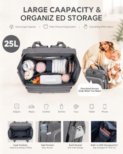 houscly Diaper Bag Backpack with Changing Station, 25L Large Capacity - color: Grey