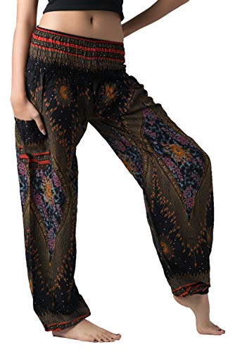 B BANGKOK PANTS Boho Harem Pants Women - color: Black Peacockeye, size: 16-20 Plus Extra Long