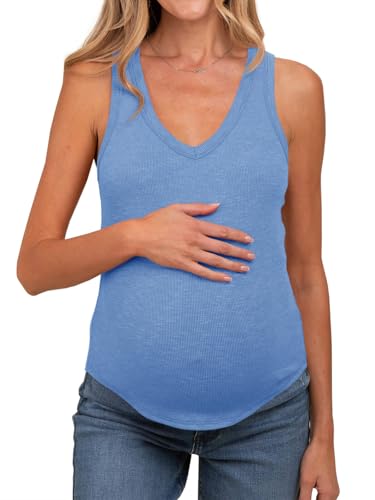 Tankaneo Womens Maternity Tank Tops Sleeveless V Neck Ribbed Knit Shirts - color: Blue, size: Medium