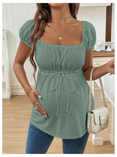MakeMeChic Women's Maternity Blouse Tops Cute Shirt White Babydoll Tops - color: Green, size: Medium