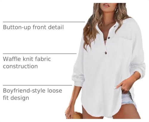 Astylish Women Waffle Knit Tops Henley Shirts - color: White, size: Medium