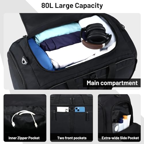 MIER Packable Travel Duffle Bag with Shoe Compartment, 80L, Black - color: Black, size: 80L