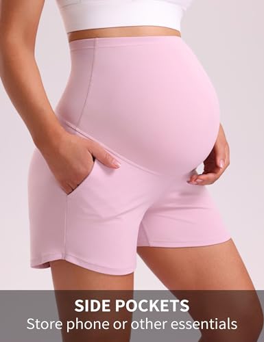 Mama Land Women's Maternity Athletic Shorts with Pockets, 4 Inch - color: Misty Pink, size: Large