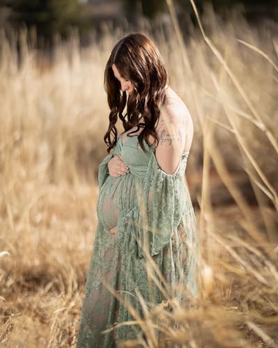 Saslax Sheer Lace Off Shoulder Maternity Maxi Dress for Photoshoot - color: Sage, size: Medium