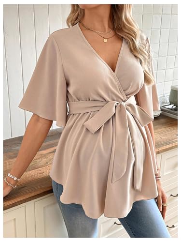 MakeMeChic Women's Maternity Nursing Blouse Wrap Belted Pregnancy Shirt - color: Apricot, size: Medium