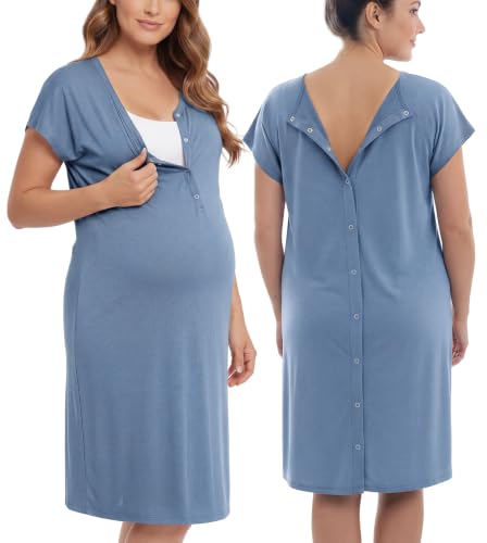 PATPAT Maternity Labor and Delivery Gown, Womens Hospital Gown with Pockets - color: Dusty Blue, size: X-Large (Fit XL/XXL)