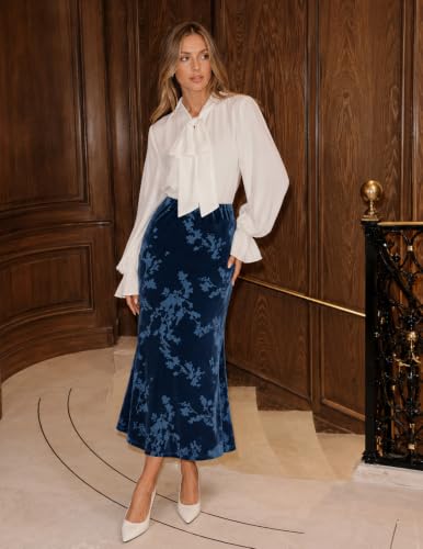 MEROKEETY Women's Fall Floral Velvet Maxi Skirt - color: Blue, size: Large