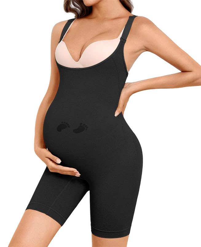 Women's Maternity Bodysuit Seamless Pregnancy Shapewear Shorts Under Dresses Belly Support Black Small