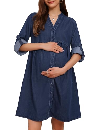 Women's Maternity Denim Dress Babydoll Long Sleeve Cotton Button Down Shirt Dresses Fall - color: Deep Blue, size: Large