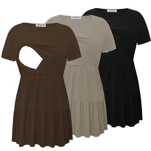 Bearsland Short Sleeve Nursing Top - color: Black & Simply Taupe & Chocolate Brown, size: Small