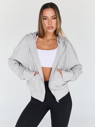 Trendy Queen Womens Zip Up Hoodies Cropped Jackets Fall Outfits 2026 - color: Grey, size: X-Small