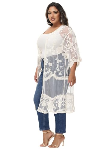 Anna-Kaci Women's Plus Size Lace Cardigan Embroidered Long Kimono Dusters with Half Sleeves - color: Beige, size: X-Large-XX-Large