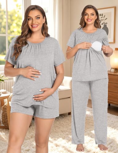 SWOMOG Women 3Pcs Maternity Pajama Set Nursing Pjs Pregnancy Set Breastfeeding Pjs Double Layer with Pockets - color: Grey, size: Medium
