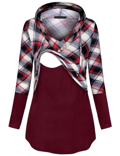 Quinee Women's Long Sleeve Plaid Colorblock Nursing Pullover Hoodie Sweatshirts - color: Red Beige Plaid, size: Medium