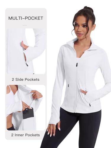 VUTRU Women Zip Up Athletic Jacket Slim Fit Workout Tops with Pocket - color: White, size: Medium