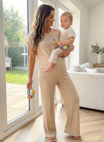 BLENCOT Maternity Sets Summer Ribbed Knit Pajamas Outfits - color: Khaki, size: Medium
