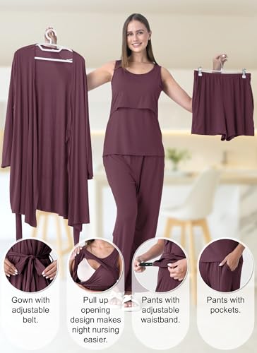 Rnxrbb 4PCS Year-Round Nursing Pajamas Robe Set Postpartum Breastfeeding Pj - color: Deep Purple, size: Medium