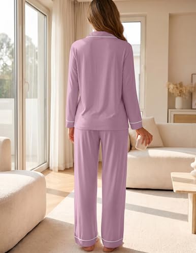 ZMJ Womens Pajama Sets 2 Piece Long Sleeve Button Down Sleepwear with Pants - color: Bean Paste, size: Large
