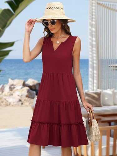Summer Dresses for Women 2026 Flowy Casual Boho Midi Sun Dress with Pockets - color: Solid-red, size: X-Large