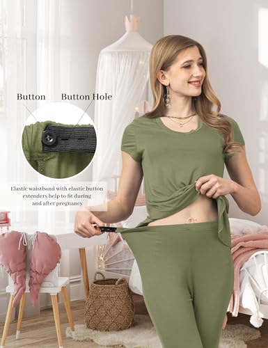 SUNNYBUY 3 PCS Maternity Breastfeeding Pajamas Set with Hidden Nursing Top - color: Army Green, size: Large