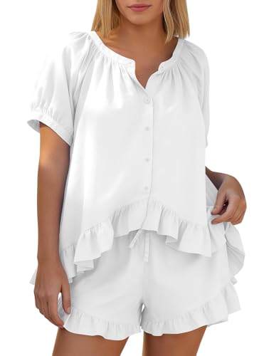 Kissonic Womens Pajamas Set 2 Piece Cotton Ruffle Summer Shorts Sets - color: White, size: Medium