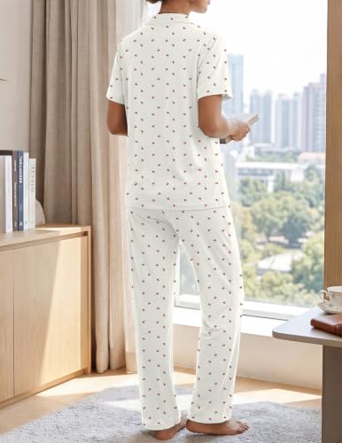 Womens Pajamas Sets 2 Piece Button Up Pj Sets Short Sleeve with Long Pant - color: Apricot Cherry, size: Small