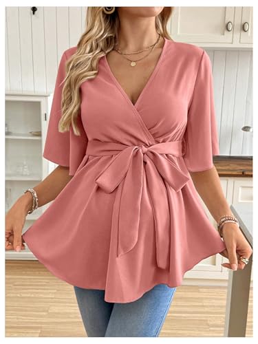 MakeMeChic Women's Maternity Nursing Blouse Wrap Belted Pregnancy Shirt - color: Dusty Pink, size: Medium