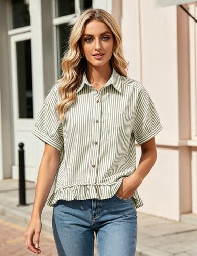 Flygo Womens Cropped Striped Button Down Shirts Ruffle Peplum Tops - color: Olive, size: X-Large