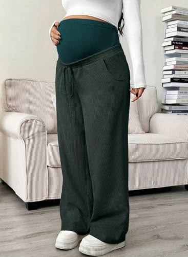 BLENCOT Maternity Pants Over Belly Wide Leg Pregnancy Casual Sweatpants - color: Blackish Green, size: Medium