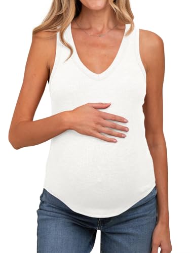 Tankaneo Womens Maternity Tank Tops Sleeveless V Neck Ribbed Knit Shirts - color: White, size: Medium