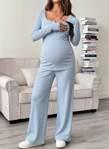 BLENCOT Maternity Clothes Ribbed Long Sleeve Sets Button 2 Piece Outfits - color: Light Blue, size: Medium