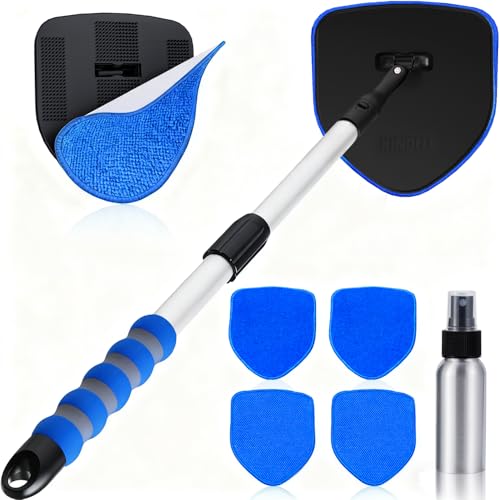 XINDELL Inside Windshield Cleaner Tool, 20.8–29.9 Inch Extendable Car Window Cleaning Kit with 360° Rotating Head, 5 Reusable Press-On Pads and Spray Bottle for SUV and Truck - color: Blue