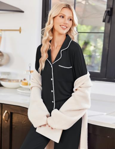 Ekouaer Pajamas for Women Set Long Sleeve Lounge Set Soft Button Down Pjs - color: Black, size: Medium