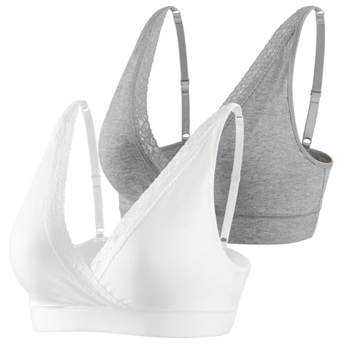 Lace Cotton Bra with Straps – Comfortable Support for Maternity, Nursing, and Everyday Wear - color: Grey+white/2 Pack, size: XX-Large