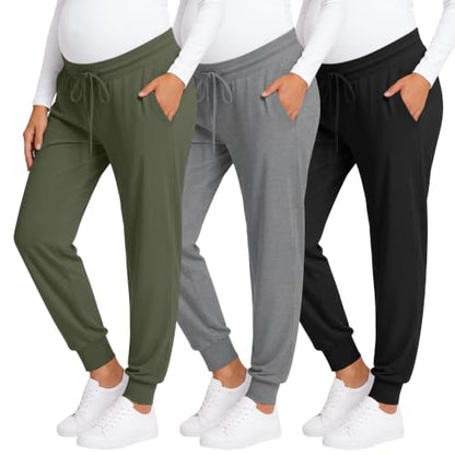 3 Pack Women Maternity Pants Pregnancy Lounge Jogger - color: Army Green, Light Gray, Black, size: Small