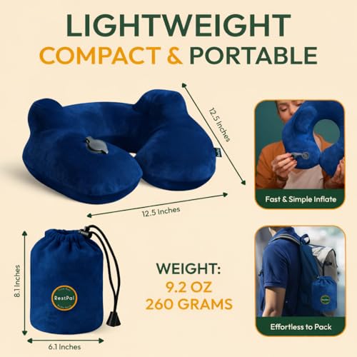 Inflatable Travel Neck Pillow with Adjustable Memory Foam Sides | Lightweight, Soft & Portable Support (Navy Blue, Standard) - color: Navy Blue