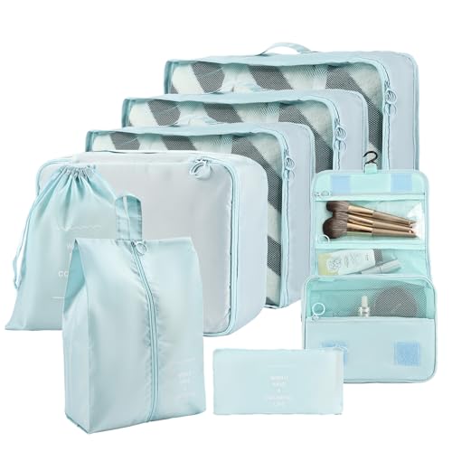 Packing Cubes for Travel, 8 Set Luggage Organizer Bags Travel Cubes for Packing Compression Luggage Cubes for Suitcase Carry on Travel Essentials with Laundry & Toiletry Bag (blue) - color: blue
