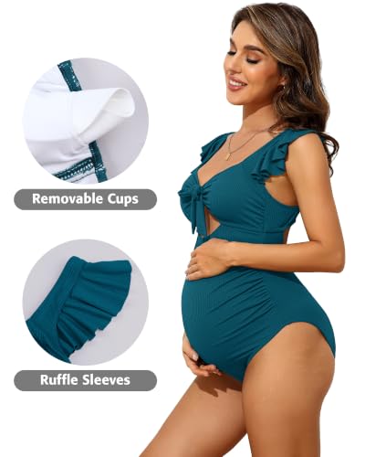 Charmo Ruffle Maternity Bathing Suits Ribbed Tie Knot Pregnancy Swimsuit - color: Turquoise, size: Large