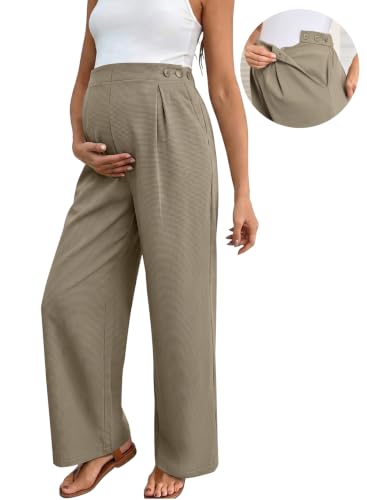 BLENCOT Maternity Pants Work Waffle Knit Wide Leg Pregnancy Trousers - color: Khaki, size: Small