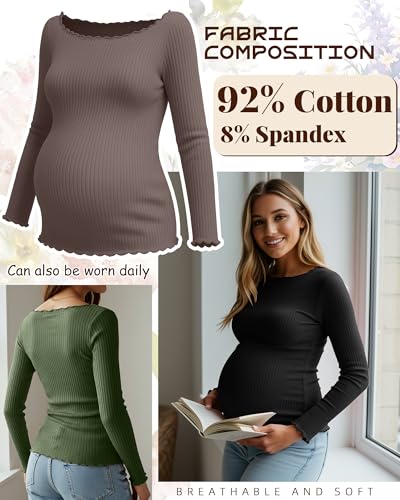 3 Pack Women's Maternity Long Sleeve Cotton Shirts - color: Black, Army Green, Coffee, size: Small