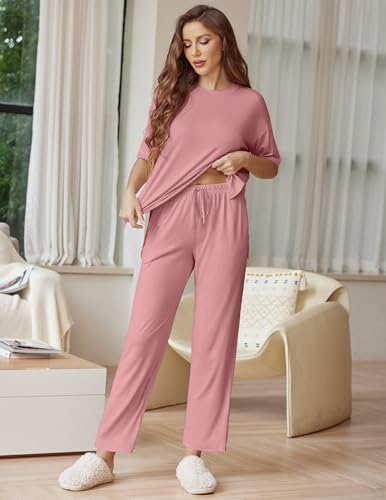Ekouaer Lounge Sets for Women Soft Comfy Pajama Set 2 Piece Outfits - color: Old Rose, size: Medium