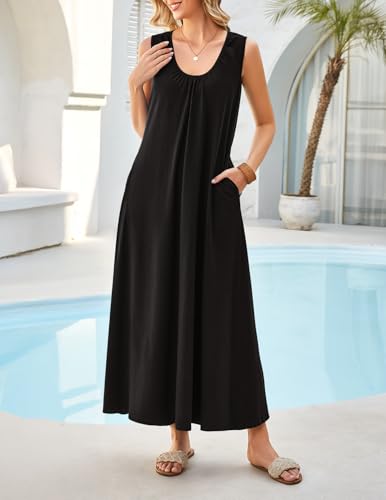 MEROKEETY Women's Summer Boho Sleeveless Ruched Maxi Dress - color: Black, size: Large
