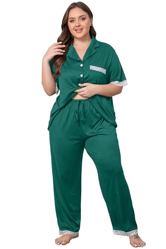 Vozanet Women Short Sleeve Long Pants Pajama Sets Lace Trim Button Down Sleepwear Plus Size Knit Loungewear Sexy Nighty - color: Dark Green, size: XX-Large
